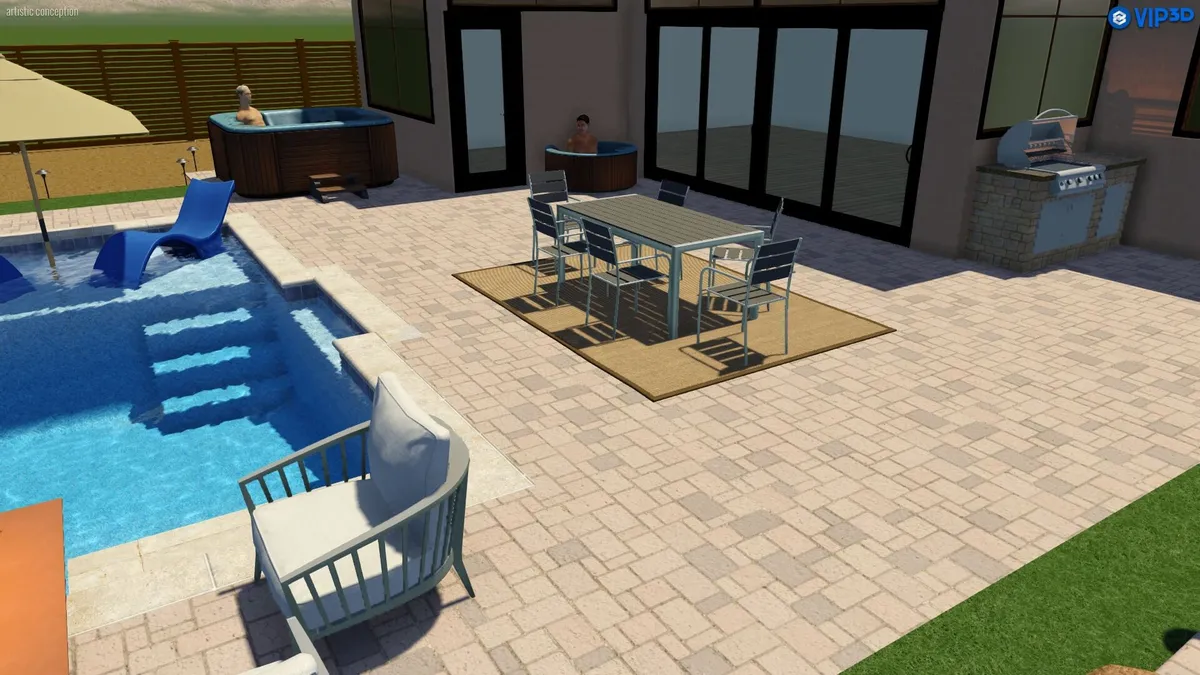 This scene showcases a luxurious outdoor pool area with a hot tub, lounge chairs, an outdoor dining table, and a grill—all oriented toward relaxation after time spent outdoors. The space is surrounded by natural beauty, creating a seamless link from adventure to comfort.