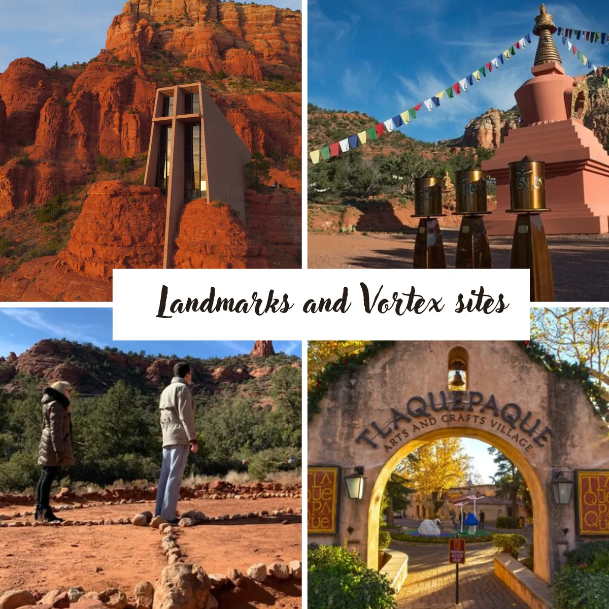 This image showcases unique architectural structures and red rock formations at the entrance to an arts and crafts village, adorned with prayer flags. The setting is tranquil, with natural Sedona scenery framing the cultural hub, hinting at the blend of local art galleries, spiritual sites, and outdoor exploration.