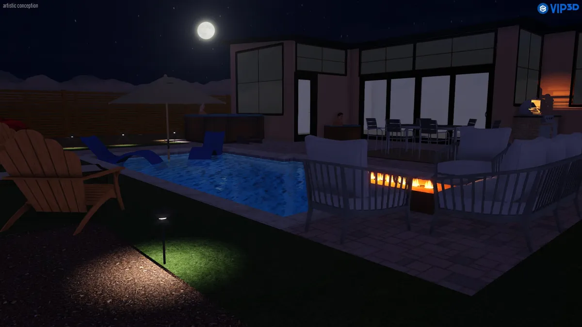 A serene nighttime exterior featuring an illuminated swimming pool, fire pit, and comfortable outdoor seating, all bathed in moonlight. The scene conveys the ambiance of stargazing, cozy conversations, and nighttime swims with friends or loved ones.