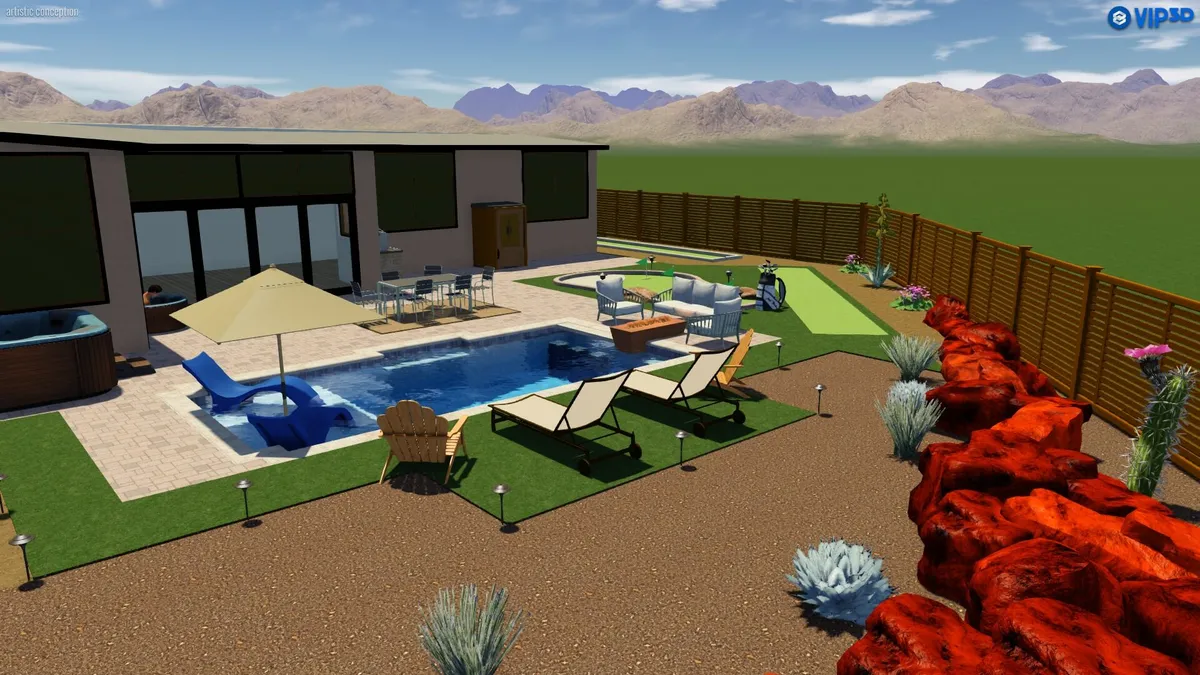 A relaxed and tranquil poolside setting with sun loungers and an outdoor seating area, all oriented to capture the mountain backdrop. The scene is ideal for both social gatherings and peaceful personal retreats, with the soft light suggesting a perfect time for sunset pool parties or morning coffee by the water.