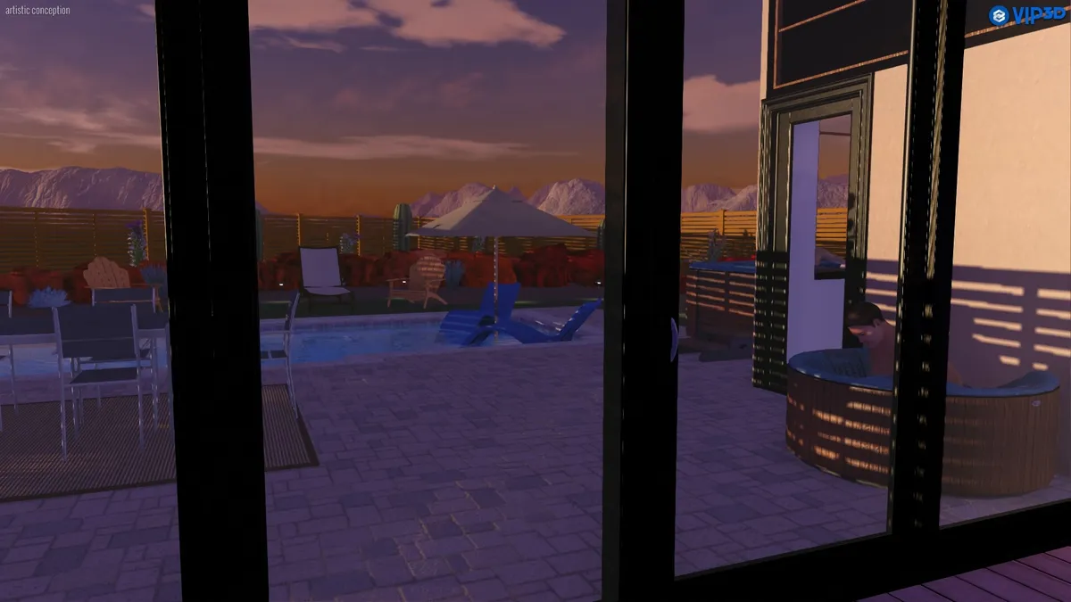An inviting exterior scene featuring a sparkling swimming pool, outdoor seating area, and a hot tub. The setting frames a beautiful mountain view in the background, with ambient lighting suggesting the tranquil transition from day to evening. The hot tub and pool are key focal points, embodying relaxation and group enjoyment.