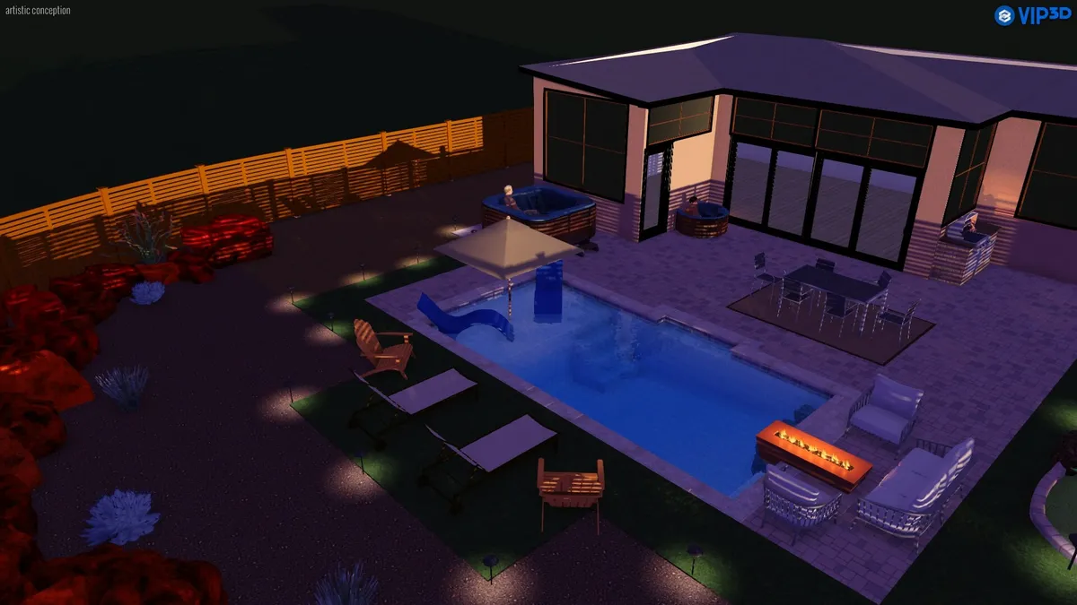 An elegant exterior gathering space with a modern swimming pool, cozy outdoor seating, a fire pit for evening conversations, and lush landscaped gardens. The scene evokes calm sophistication and sets the tone for memorable group gatherings or quiet relaxation.