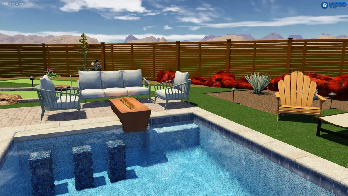 An inviting exterior view featuring a sparkling swimming pool surrounded by well-placed planters, modern outdoor seating, and attractive landscaping elements. The area is bathed in the warm glow of sunset, with mountains providing a stunning backdrop and creating a serene, resort-like atmosphere.